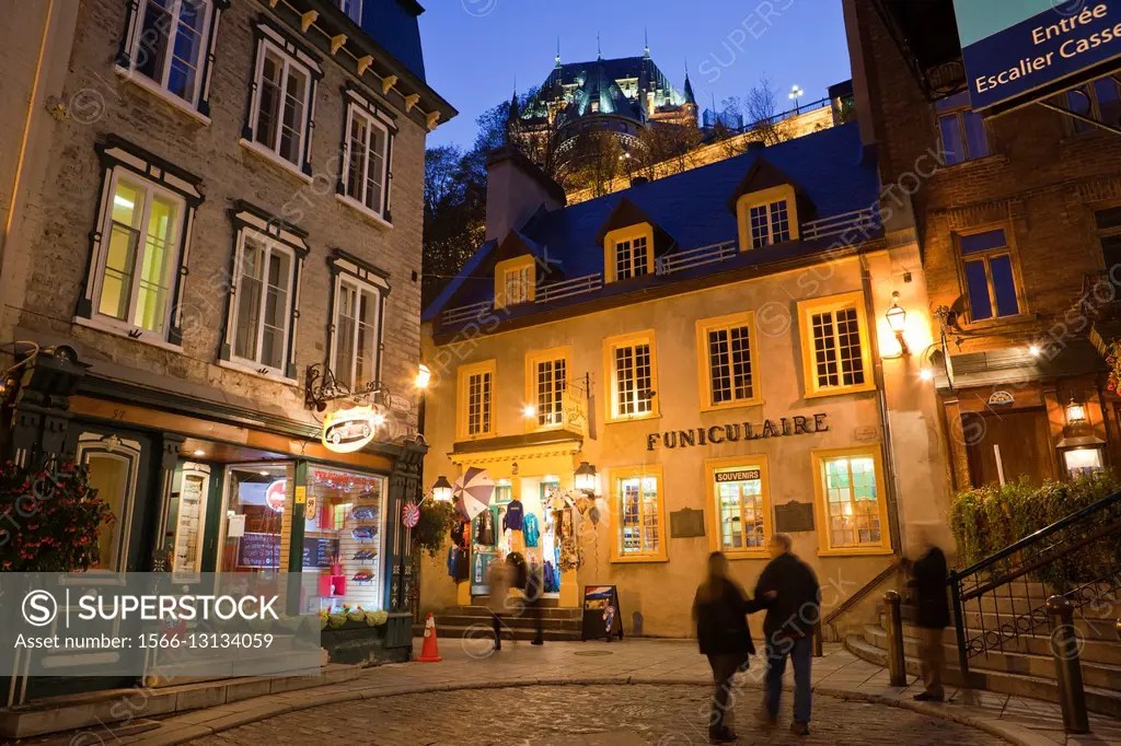Old Town Quebec City, ""VieuxQuebec"", Canada Shops and entrance to