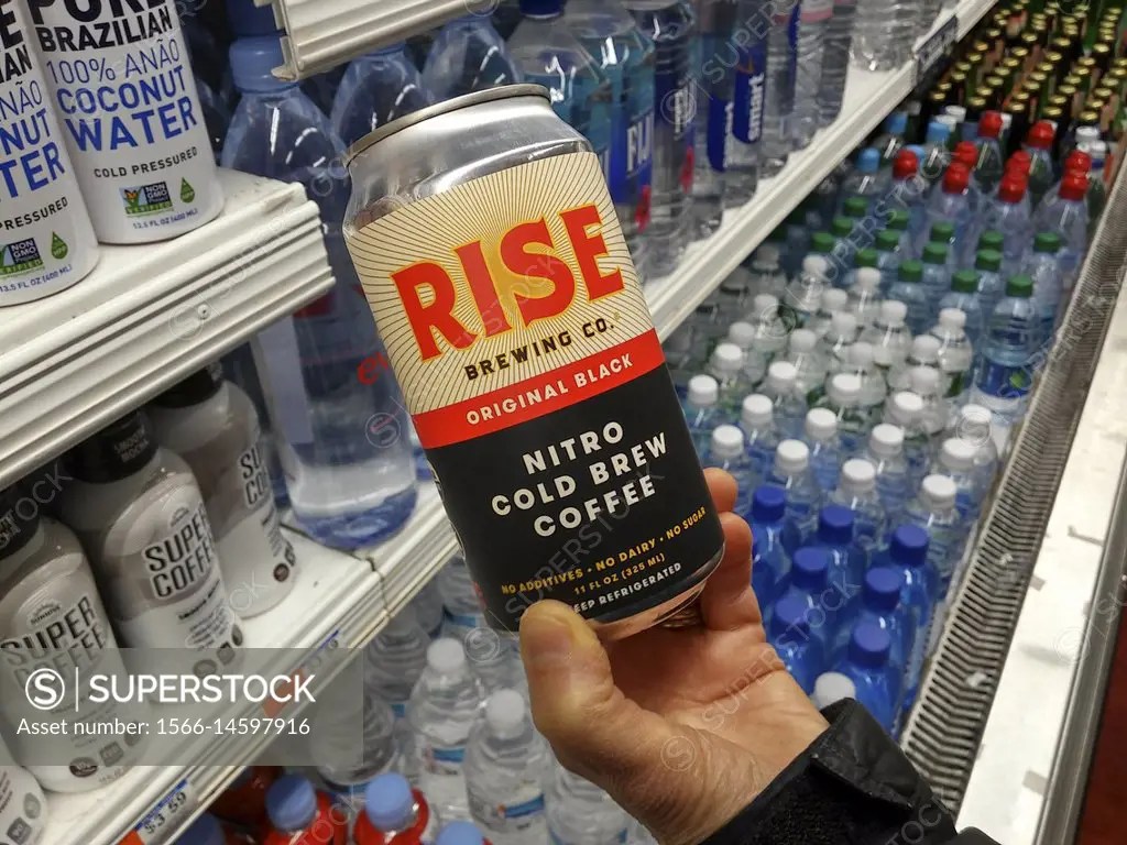 A can of Rise Brewing Co. readytodrink nitro cold brew coffee in a supermarket in New York on