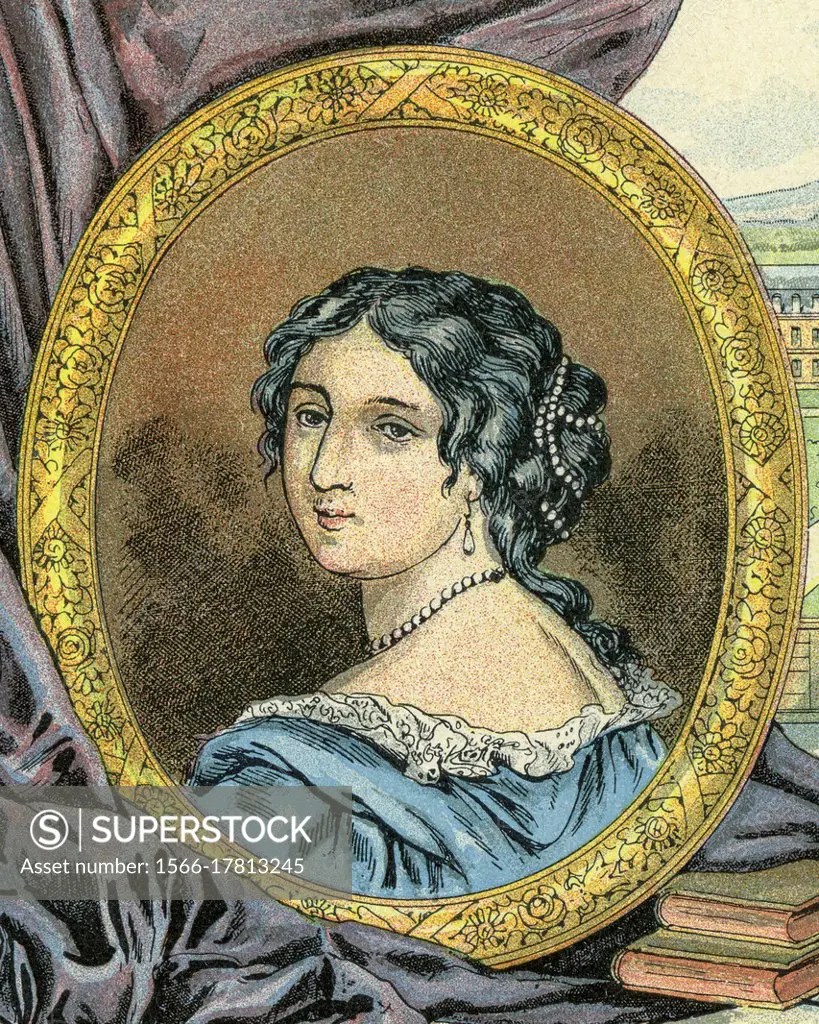 Old color lithography portrait of Madame de Maintenon. Françoise d