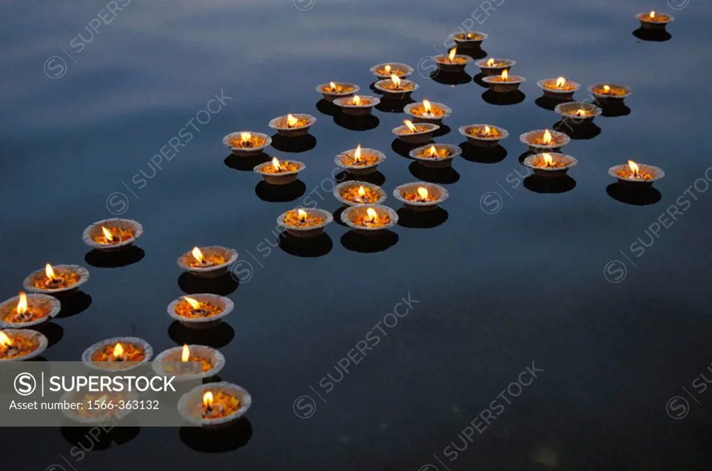 Floating Candles on the Gange River as offerings to the Water god