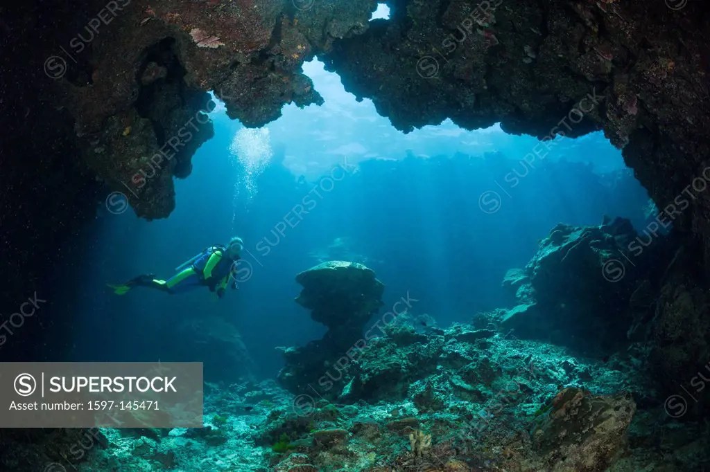 Scuba Diver, Underwater Cave, Namena, Marine, Reserve, Fiji, Cave