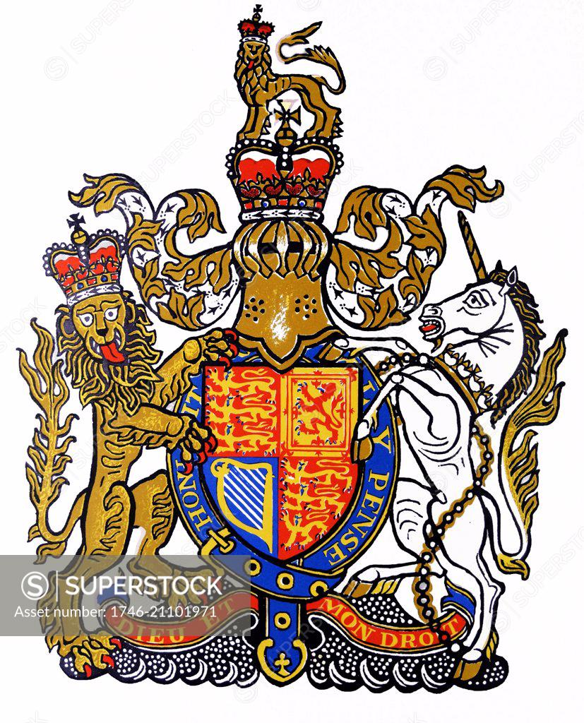 The coat of arms of the British monarch bearing the motto of English monarchs, Dieu et mon droit