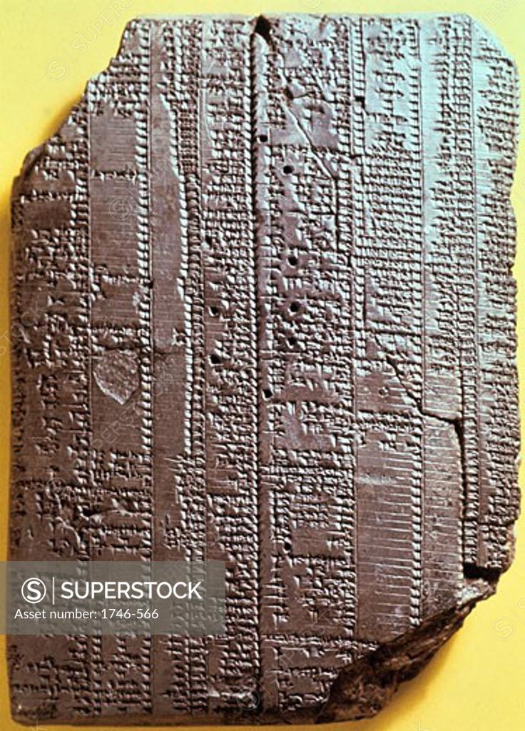 Babylonian clay tablet with text. 7th century BC. Table with syllabary