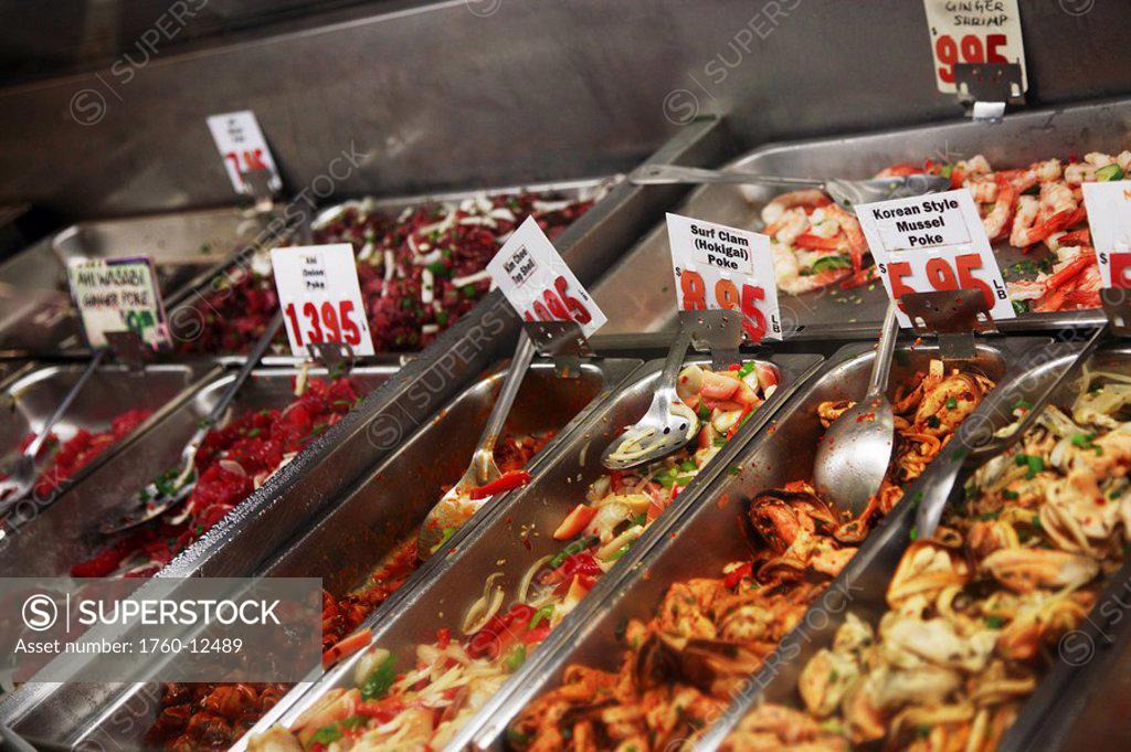 Hawaii, Oahu, Poke and Tako for sale in seafood department a local/hawaiian delicacy SuperStock