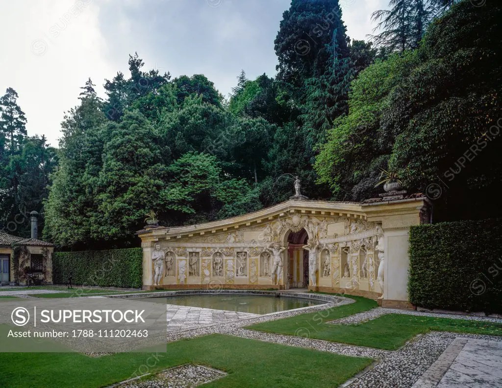 Nymphaeum, fountain with statues of nymphs, in the garden of Villa