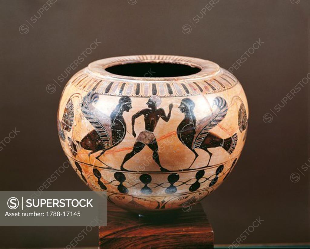 Blackfigure pottery, Dinos with young man between sirens, From Cerveteri, Rome province, Italy