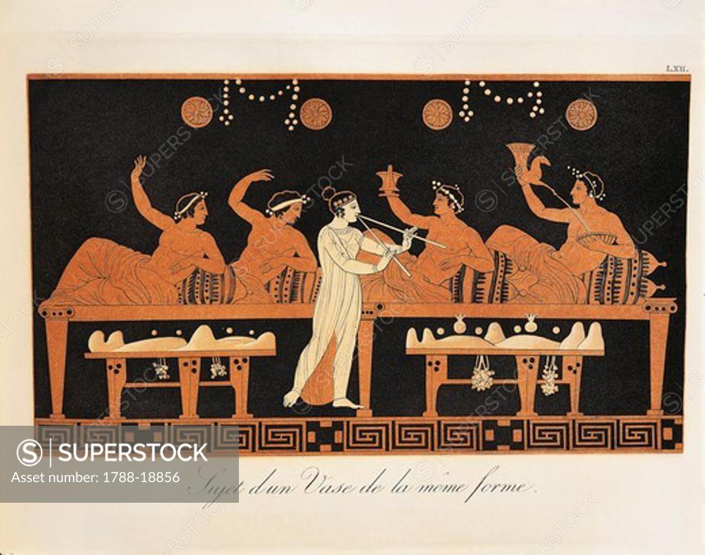 Scene from ancient Greek vase with Banquet scene in a triclinium with