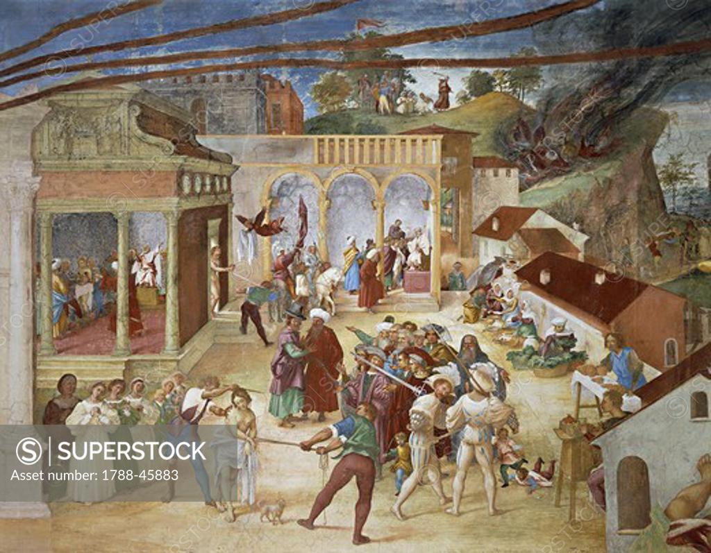 St Barbara being led through the streets of the city, detail from