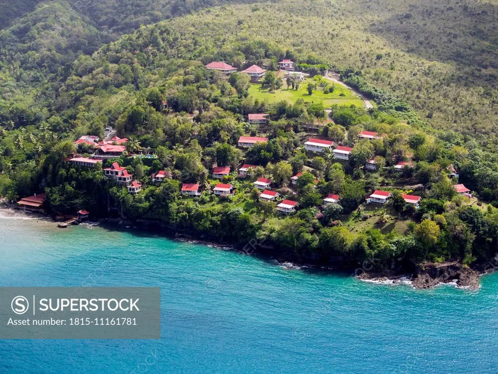 Caribbean, St. Lucia, aerial photo of luxury villas at Marigot Bay