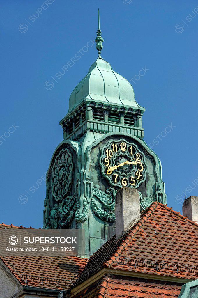 Clock tower on a bath house, Sprudelhof courtyard, spa resort in Art Nouveau style, Bad Nauheim