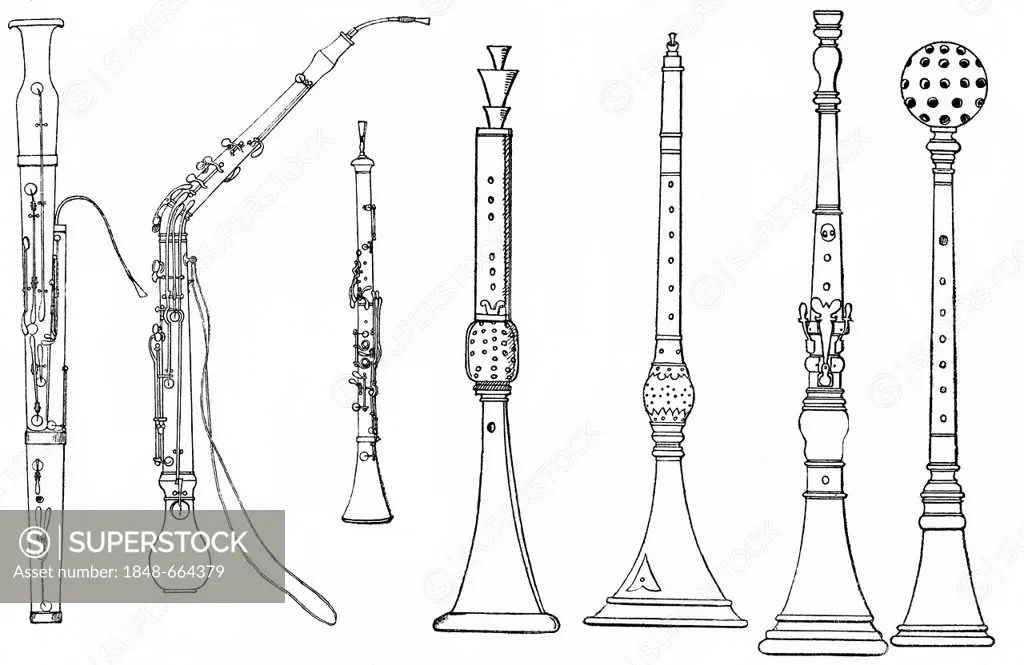 Historical drawing, various forms of ancient woodwind instruments