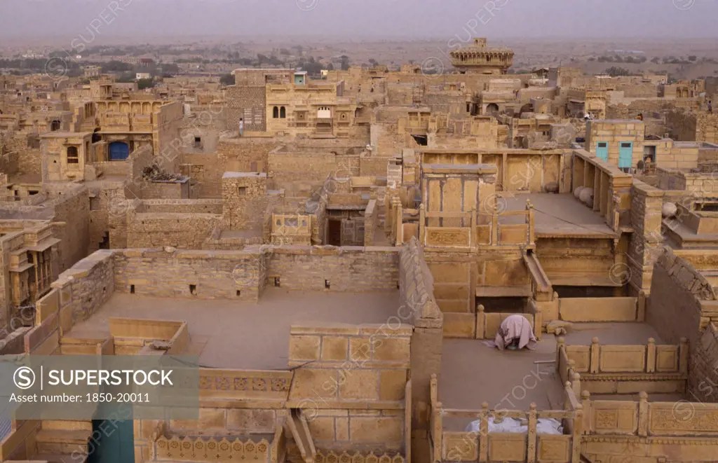 India, Rajasthan, Jaisalmer, View Over Flat Roof Houses Of Desert Town