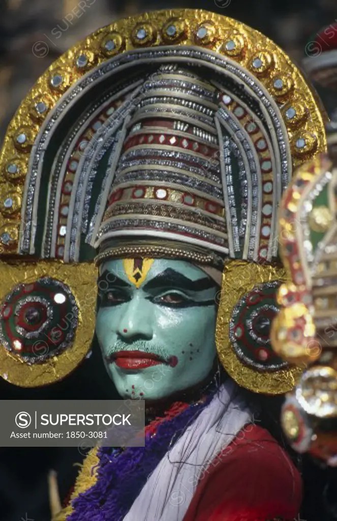 India, Kerala, Dance, Kathakali Dancer In Costume With Green Face