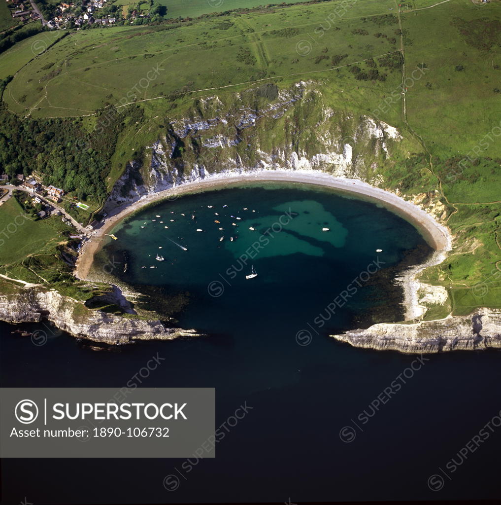 Aerial image of Lulworth Cove, a natural landform harbour, near West