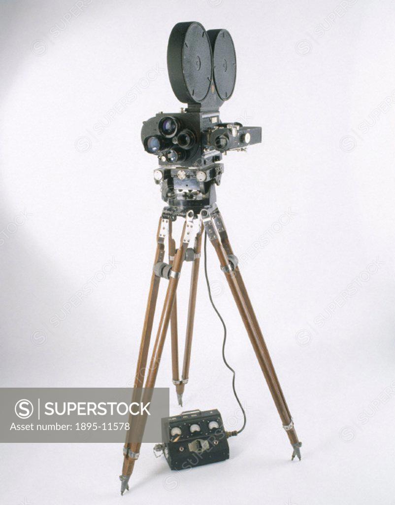 Mitchell NC 35mm camera mounted on a tripod, American, 1935. Mitchells