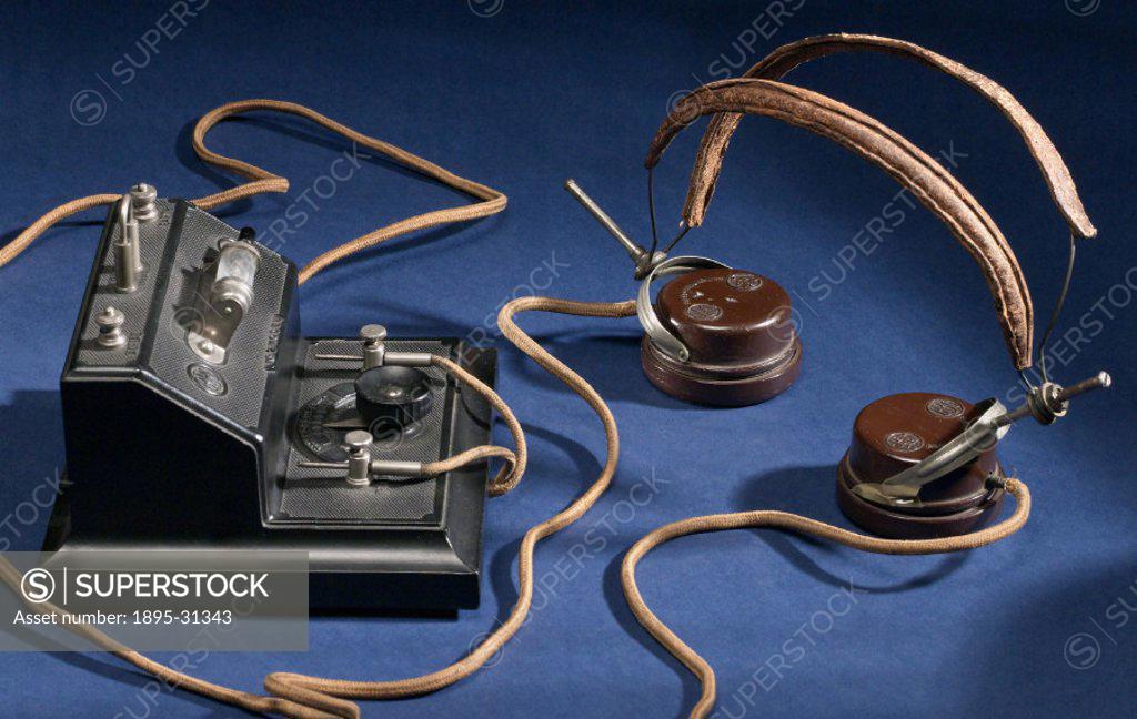 Brownie crystal radio receiver and a pair of BTH headphones, mid 1920s