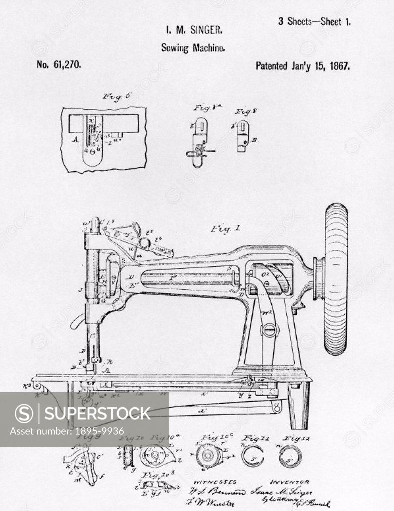 Original patent drawing of an early Singer round bobbin sewing machine