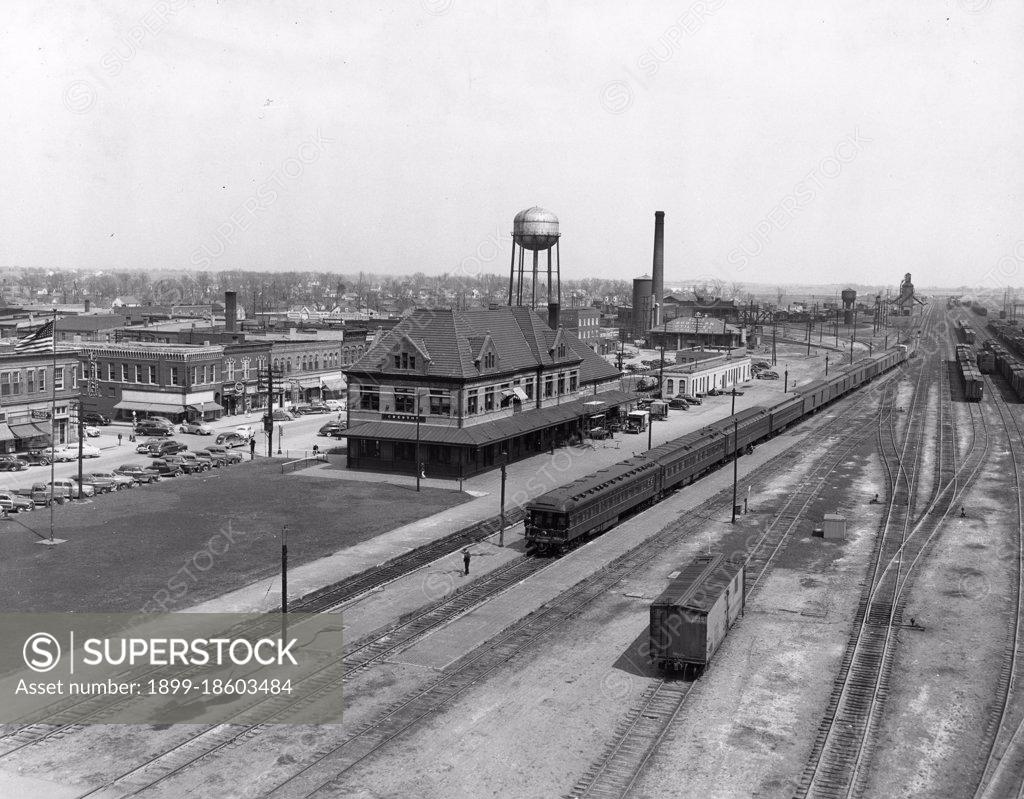 Highangle view of the business district, railway station and yards in