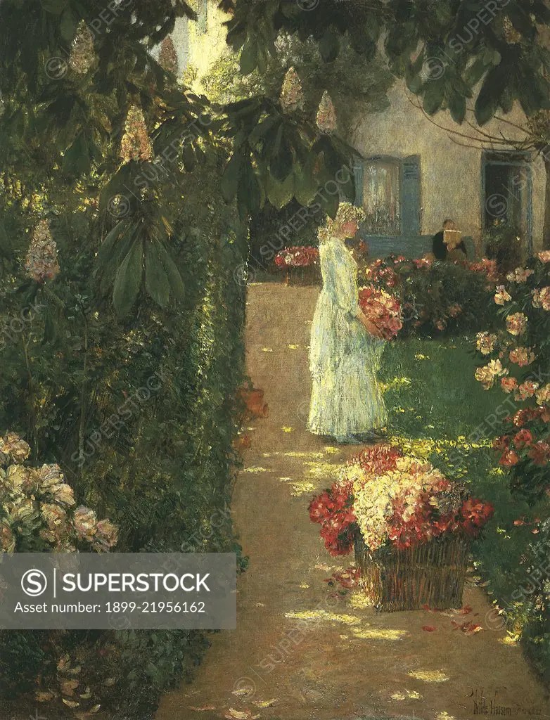 Gathering Flowers in a French Garden, 1888. Hassam, Frederick Childe