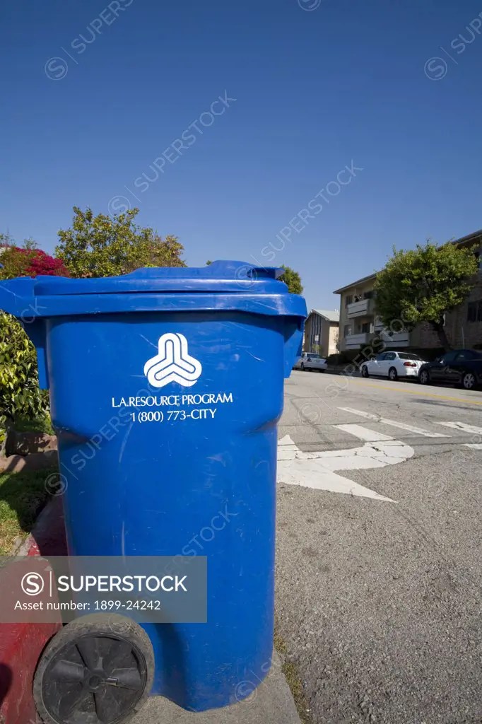 A Blue trash bin for the City of Los Angeles Bureau of Sanitation’s