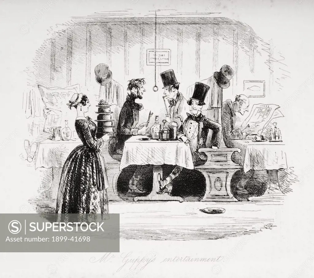 Mr. Guppy's entertainment. Illustration by Phiz (Hablot Knight Browne