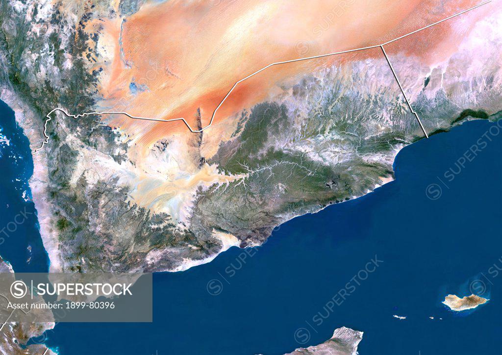Satellite view of Yemen (with border). This image was compiled from data acquired by LANDSAT 5