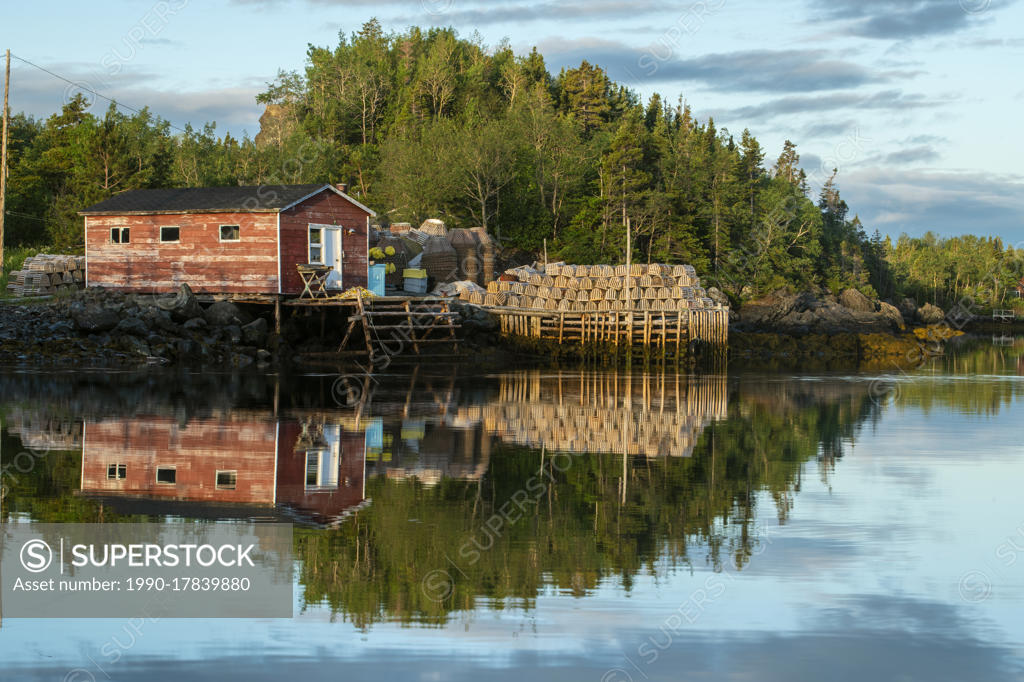 Fish stage and lobster traps on wharf, Pilley's Island causeway