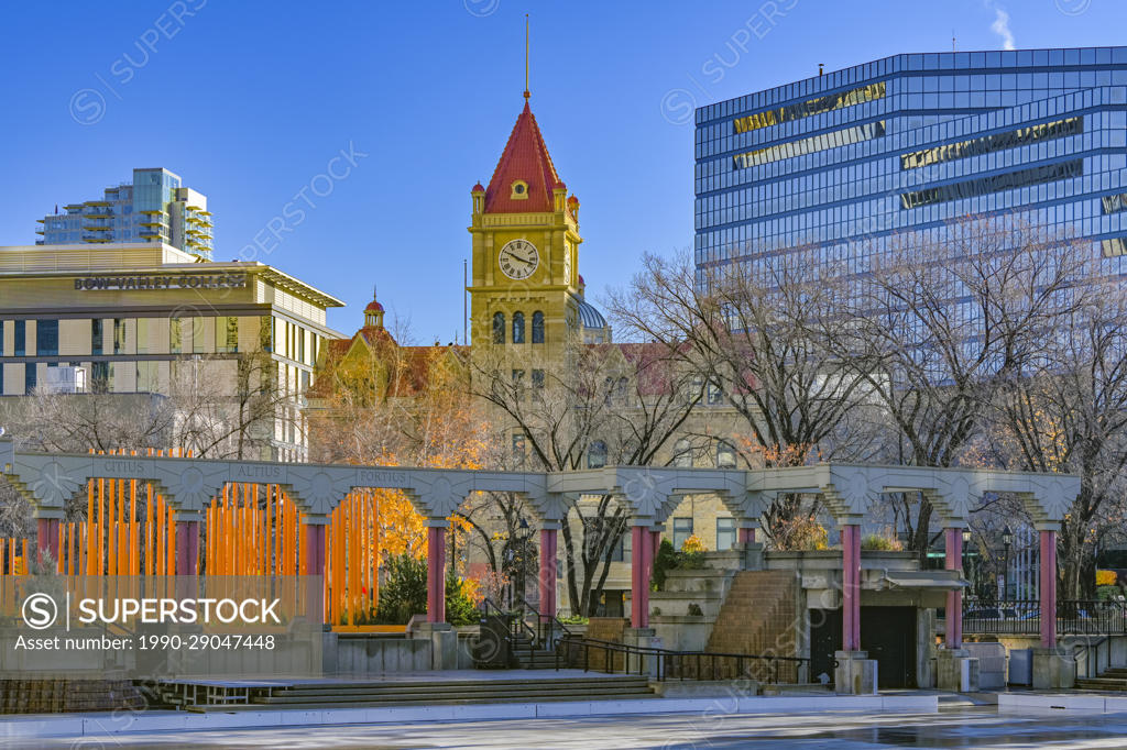 Heritage old City Hall Tower rises behind Olympic Plaza, Calgary