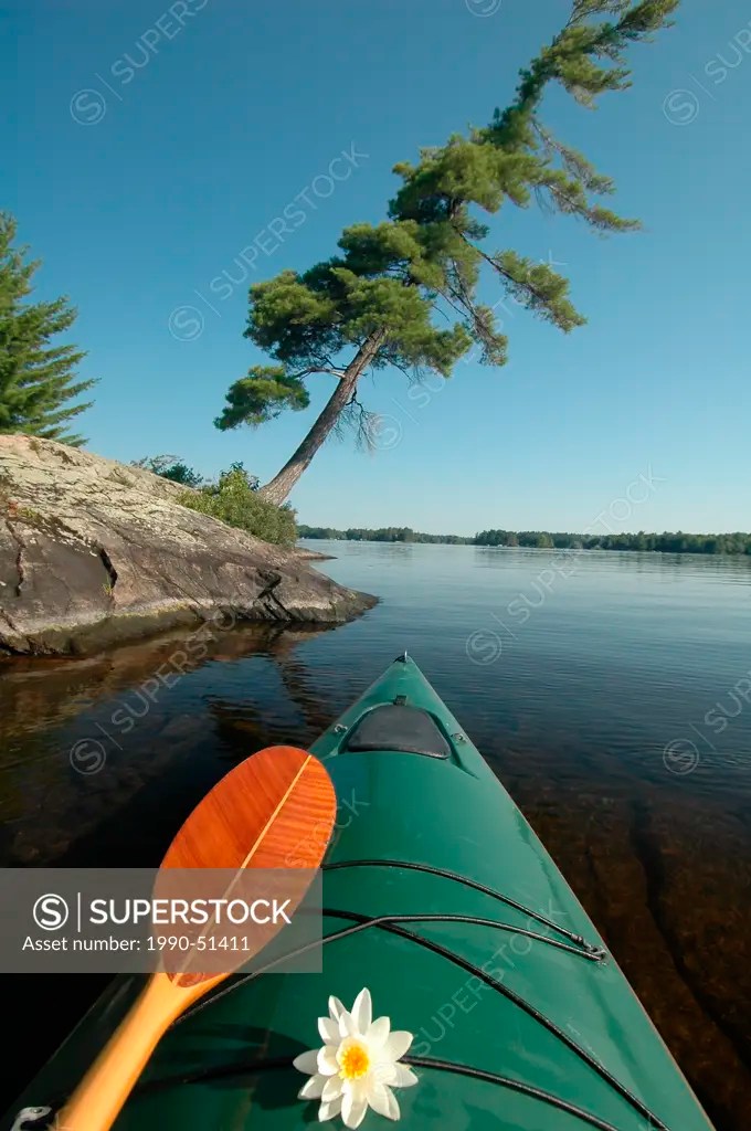 Kayak, Pine, Island, Kahshe Lake, Muskoka, Ontario SuperStock