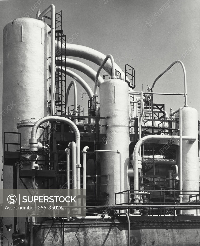 Vintage photograph. Distillation columns of the DuoSol Extraction