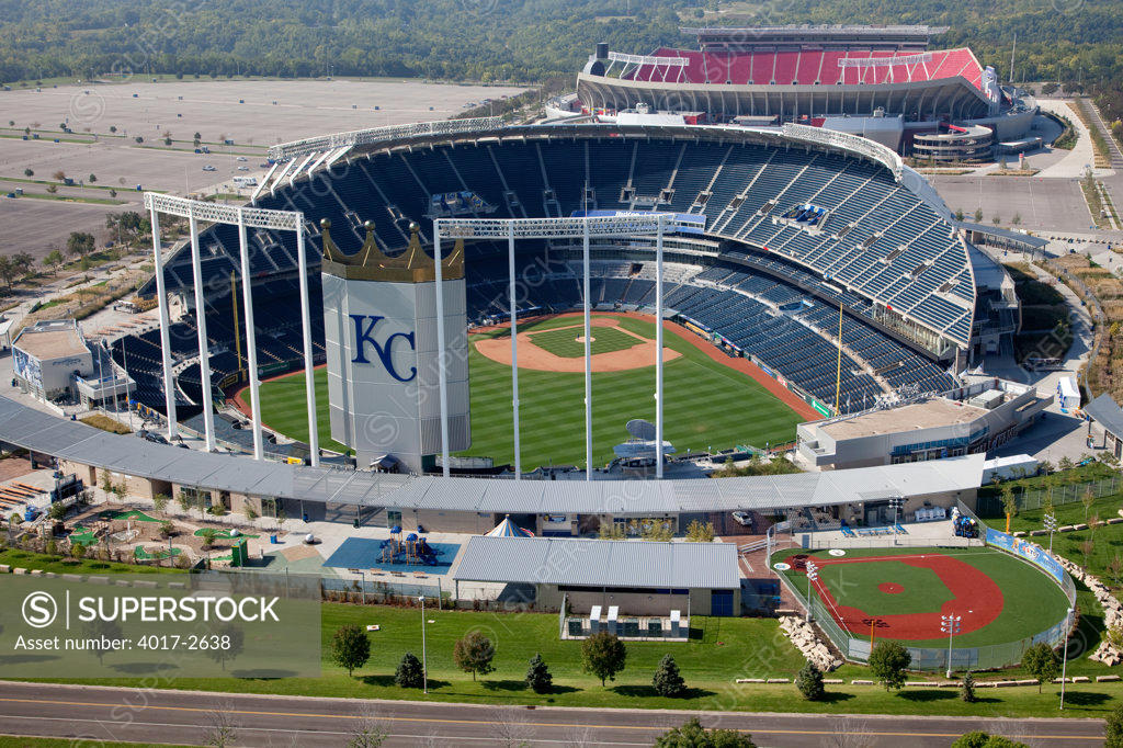 Aerial view of Kauffman Stadium and Arrowhead Stadium at the Truman