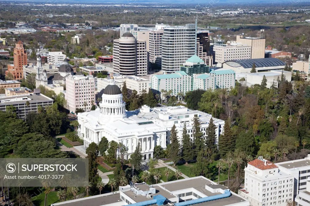 Aerial of the State Capitol Building in Downtown Sacramento, California