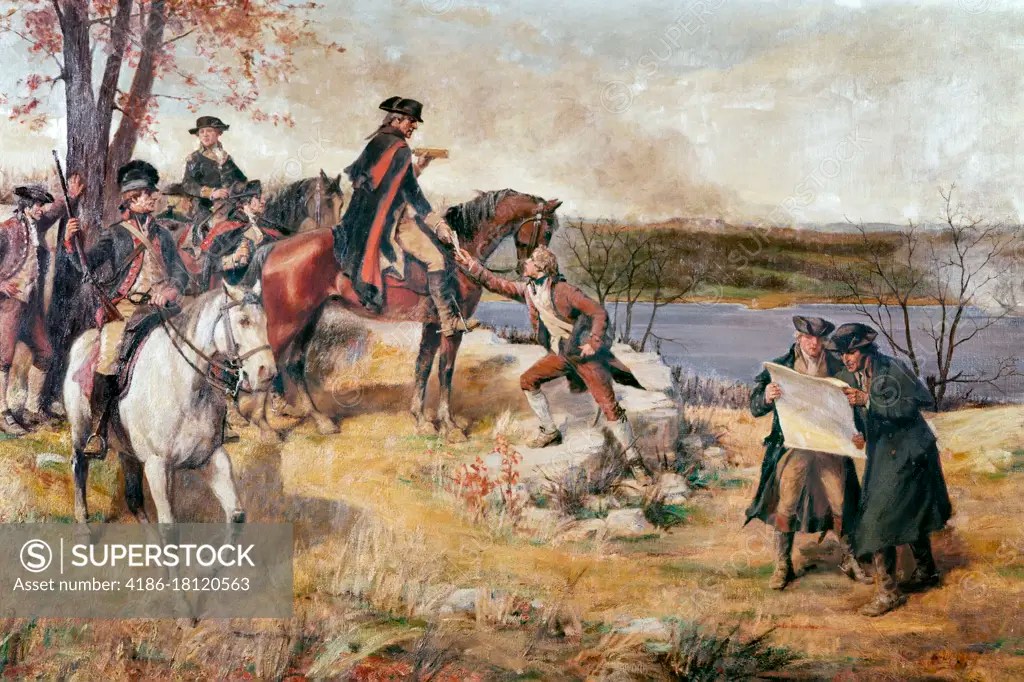 1700s 1776 WASHINGTON WATCHING BATTLE OF FORT WASHINGTON FROM