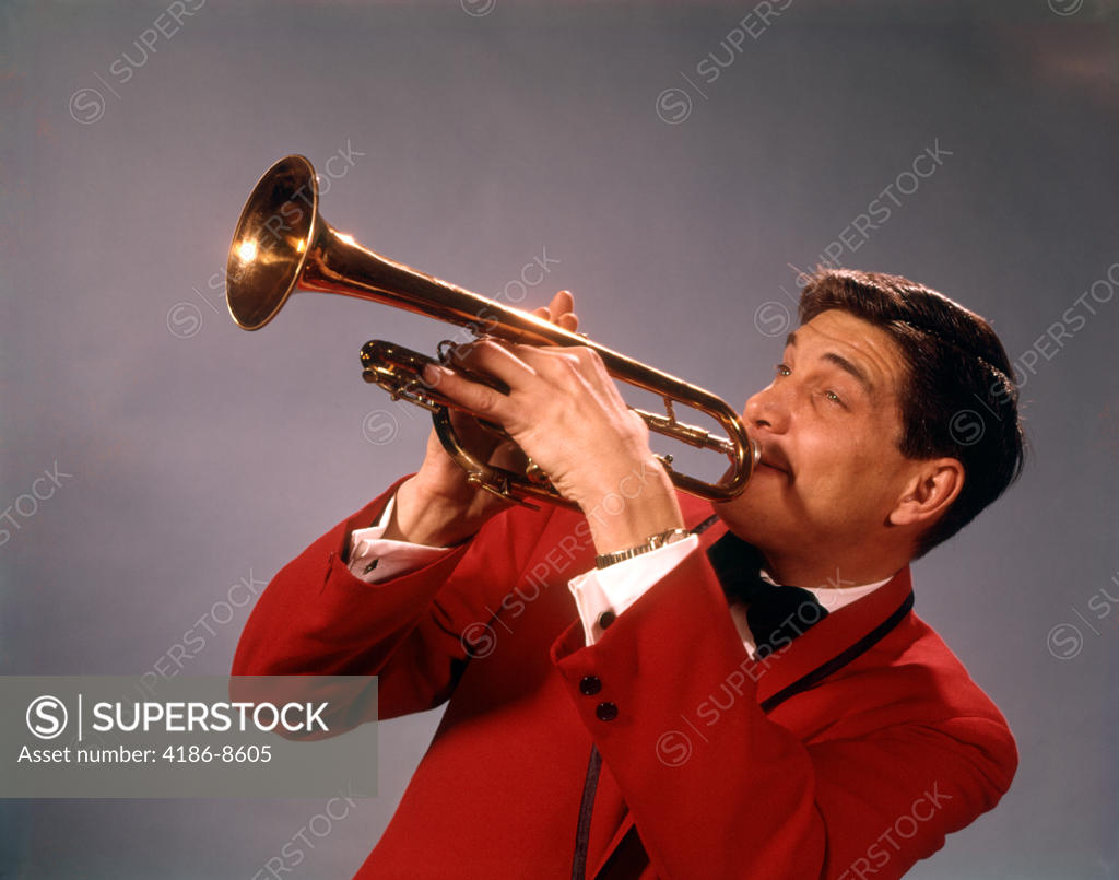 1960S Man Playing Trumpet Wear Red Jacket Musician Trumpets Instrument