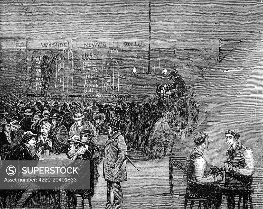 Engraving showing an underground drinking cellar with, in the background, a stock index board