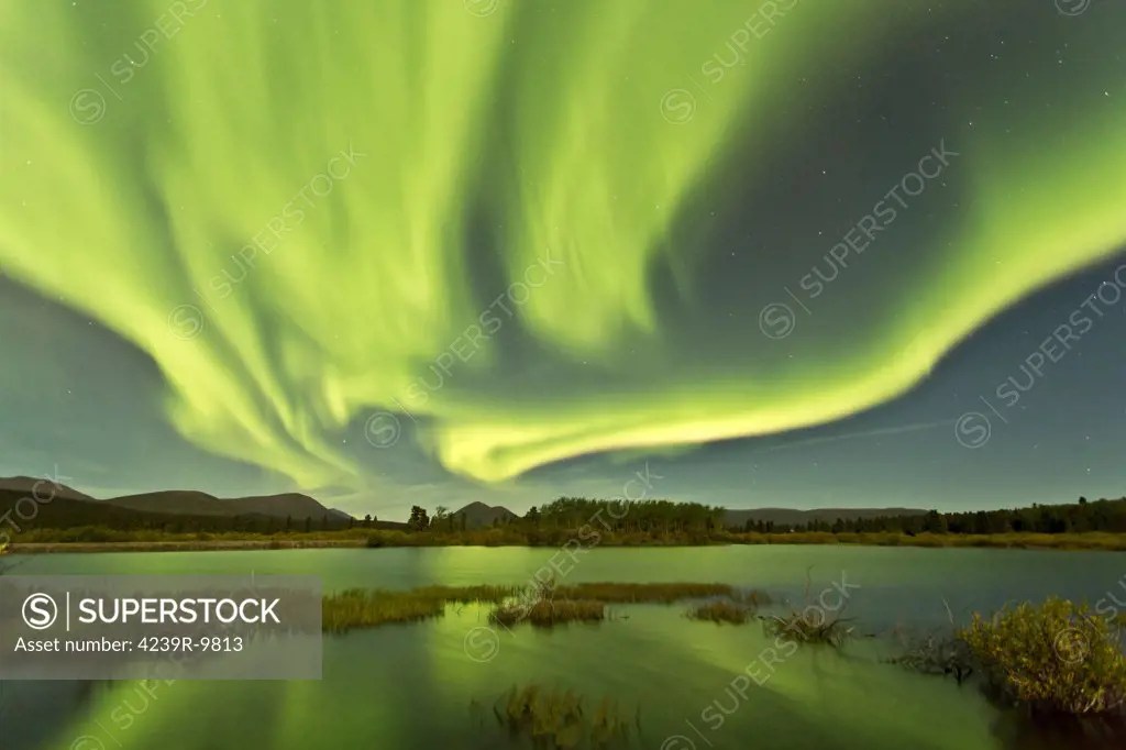 Aurora borealis over Fish Lake, Yukon, Canada. SuperStock