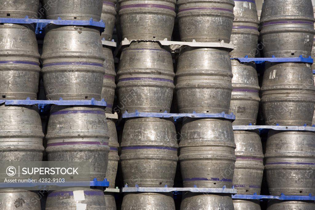 England, West Yorkshire, Leeds. Beer kegs stacked at the Carlsberg