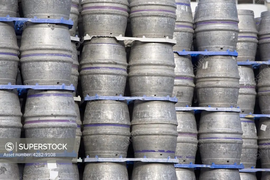 England, West Yorkshire, Leeds. Beer kegs stacked at the Carlsberg