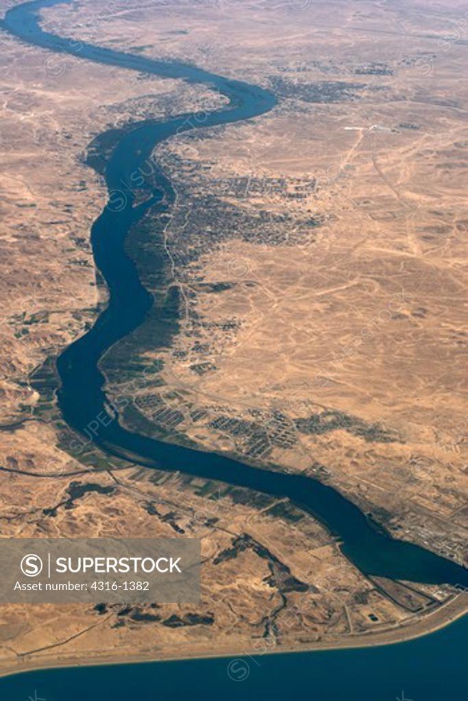Aerial View of the Euphrates River, Lake Qadisiyah, and the Haditha