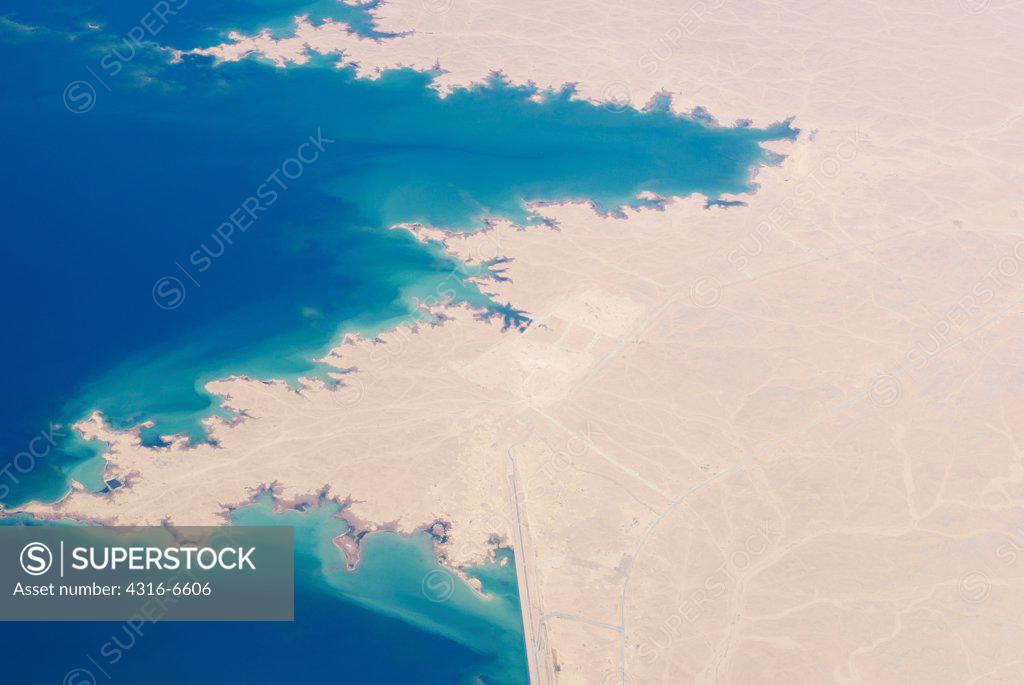 Aerial view of a lake, Lake Qadisiyah, AlAnbar, AlHaditha, Iraq SuperStock