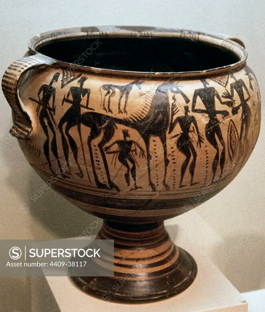 Greek art. Boeotian Late Geometric pedestalled krater with boxing match