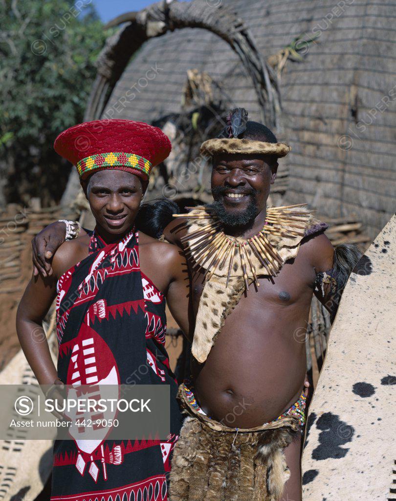 Zulu couple dressed in traditional costumes, KwaZuluNatal, South