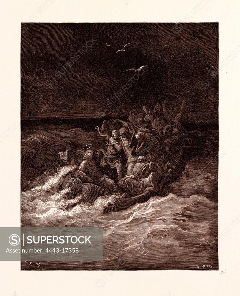 JESUS STILLING THE TEMPEST, BY GUSTAVE DORE. Dore, 1832 1883, French. Engraving for the Bible