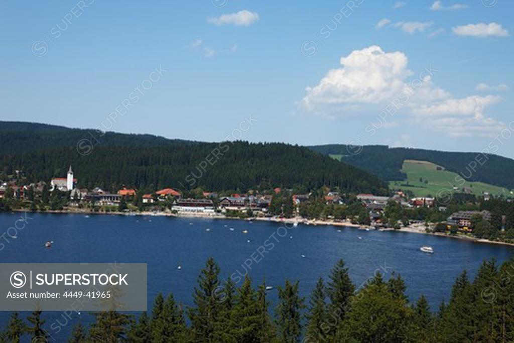 View over lake Titisee to Titisee Neustadt, BadenWurttemberg, Germany