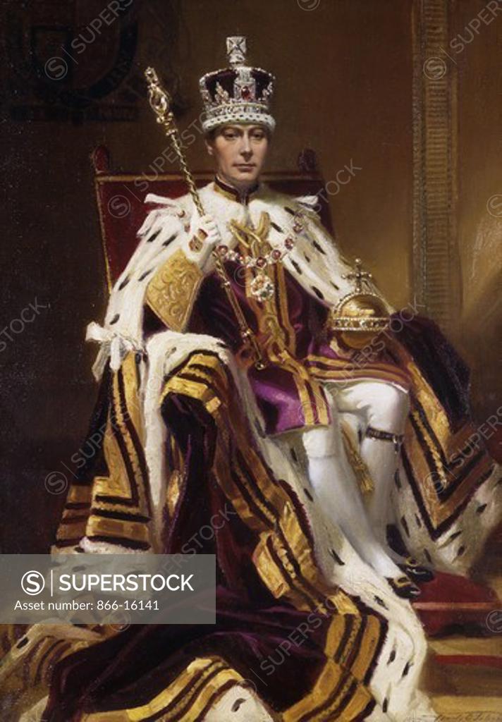 Portrait of H.M. King VI, seated full length, in Coronation