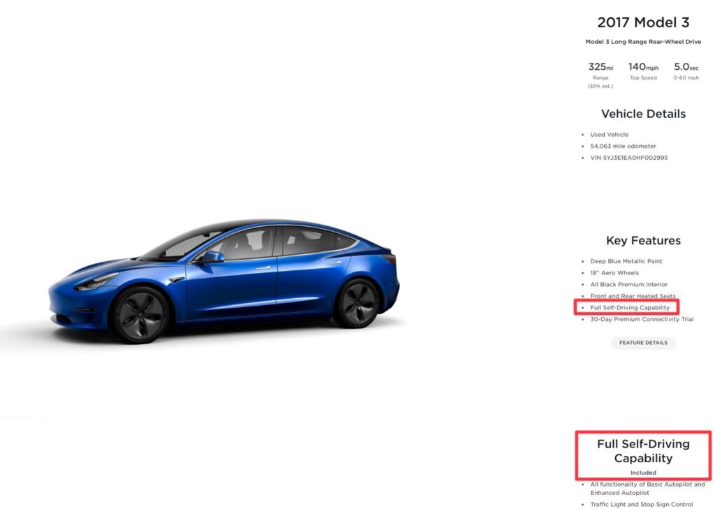 Tesla Model 3 Long Range Used Inventory Showing FullSelf Driving