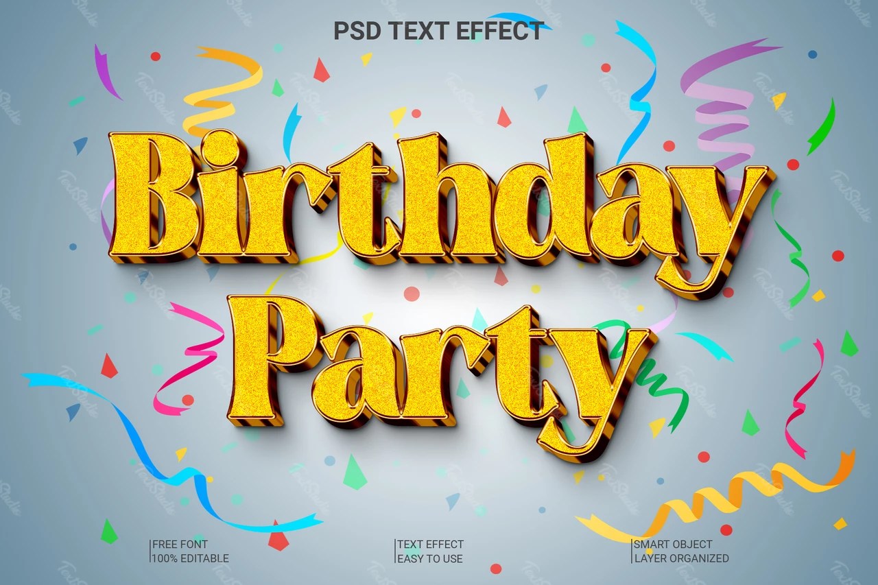Birthday Party Glitter 3D Font Style Effect PREMIUM PSD File