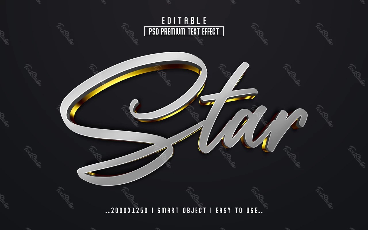 Star Silver Lining Cursive 3D Text Effect PREMIUM PSD File