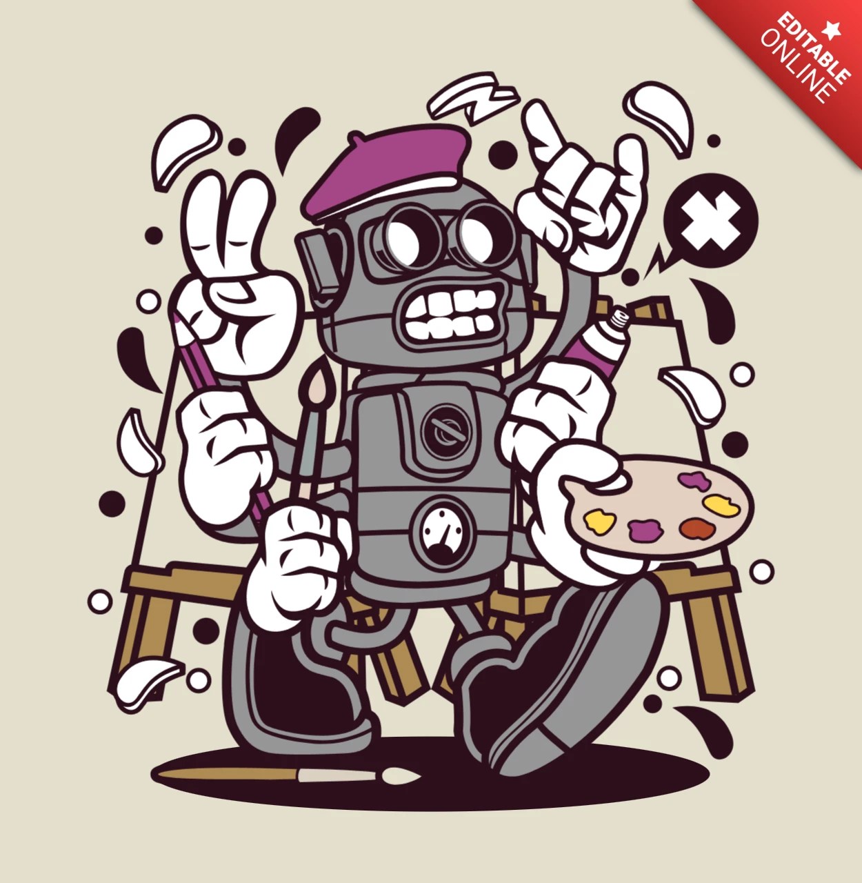 Painter Robot Cartoon Character Tshirt Design Template Free Design