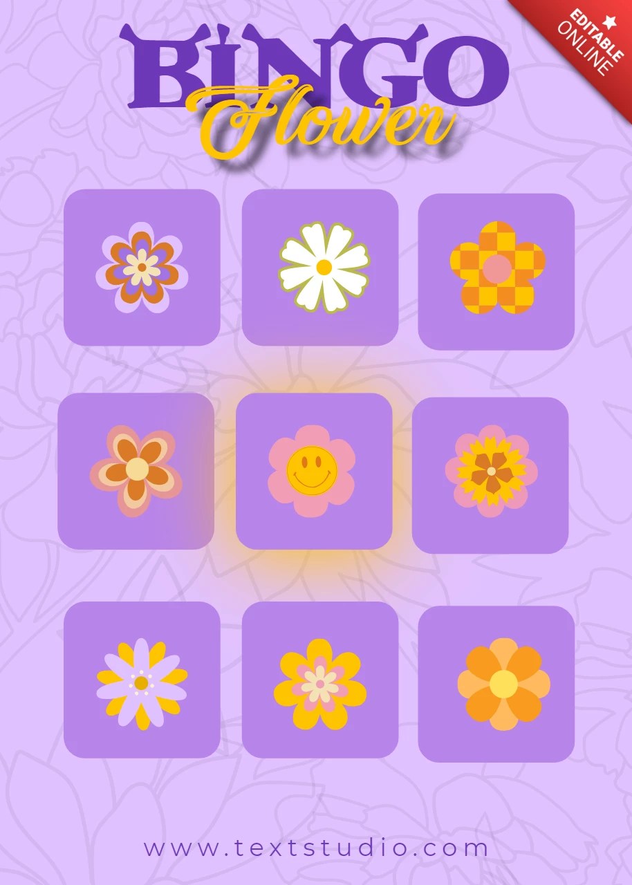 Purple and Pink Illustrative Floral Bingo Card Design Free Design